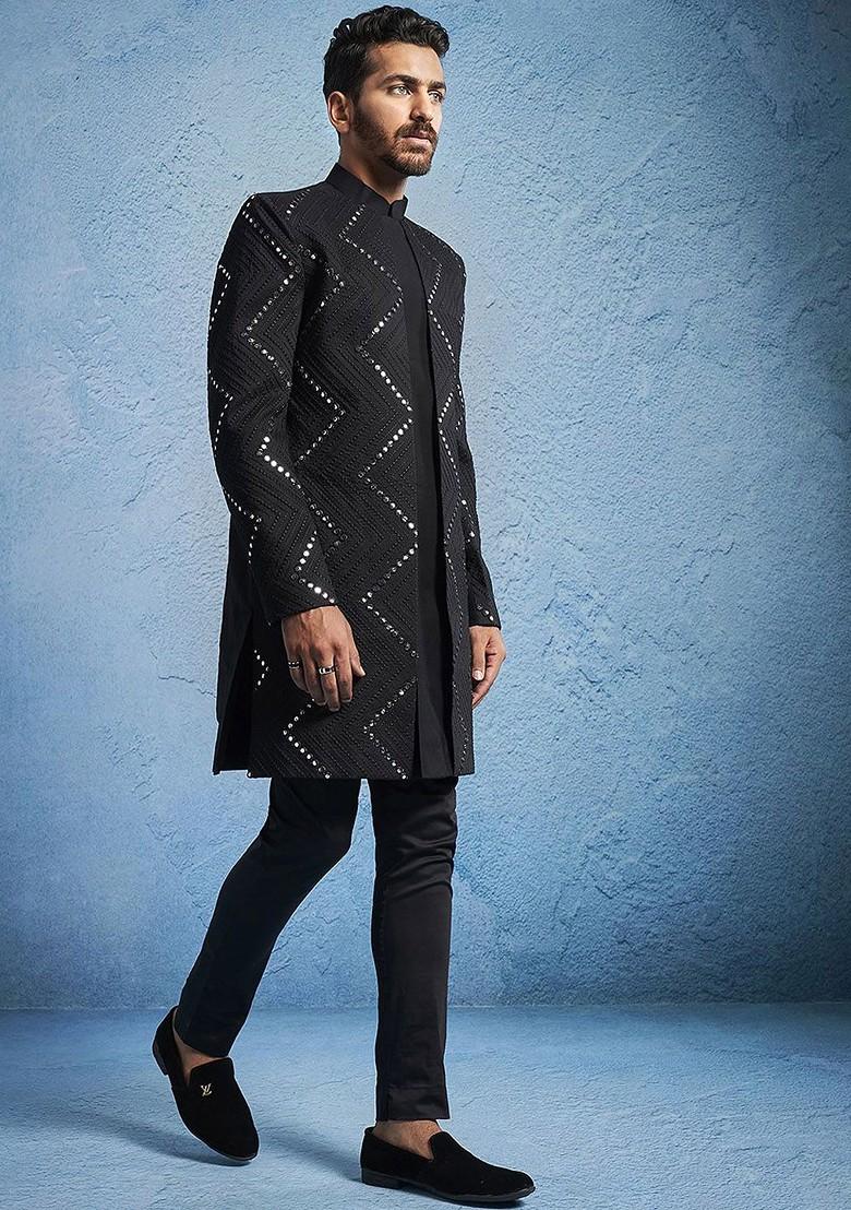 Black Embellished Poly Blend Indowestern Sherwani Set For Men