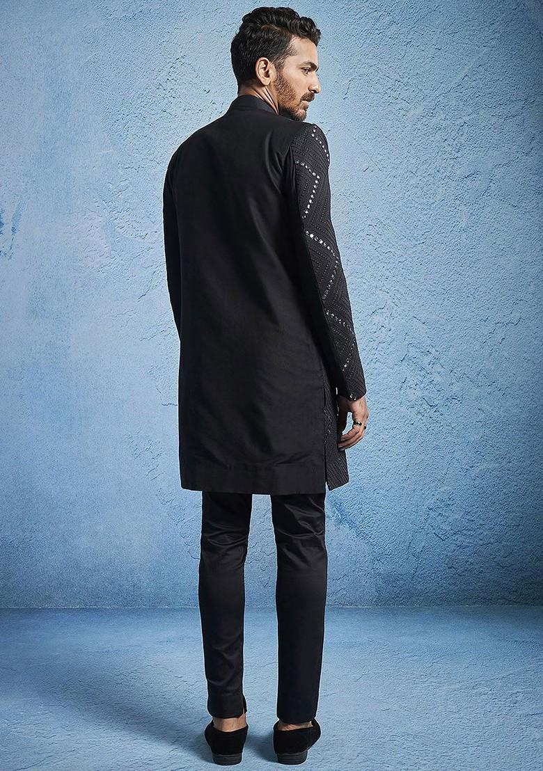 Black Embellished Poly Blend Indowestern Sherwani Set For Men