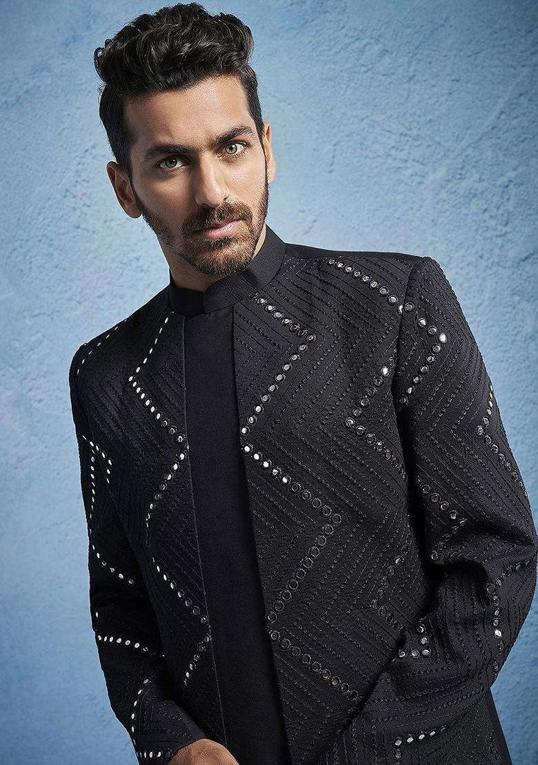 Black Embellished Poly Blend Indowestern Sherwani Set For Men