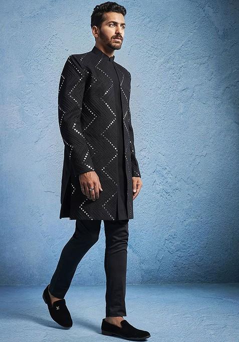 Black Embellished Poly Blend Indowestern Sherwani Set For Men