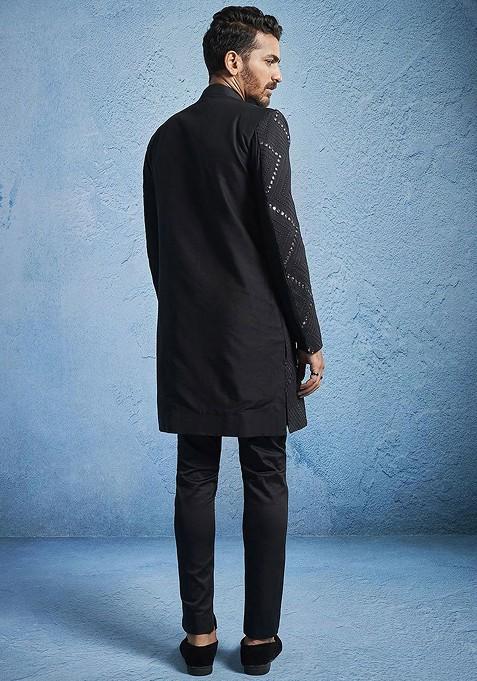 Black Embellished Poly Blend Indowestern Sherwani Set For Men