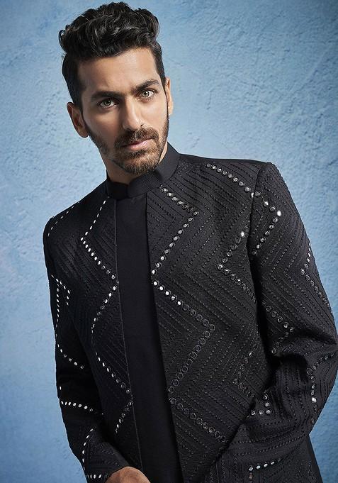 Black Embellished Poly Blend Indowestern Sherwani Set For Men