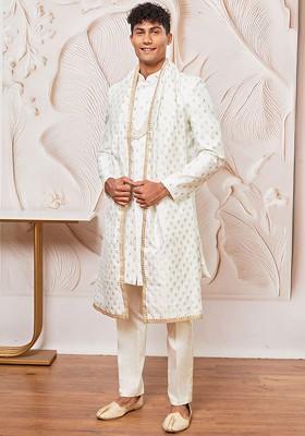 Cream Solid Poly Blend Indowestern Sherwani Set For Men
