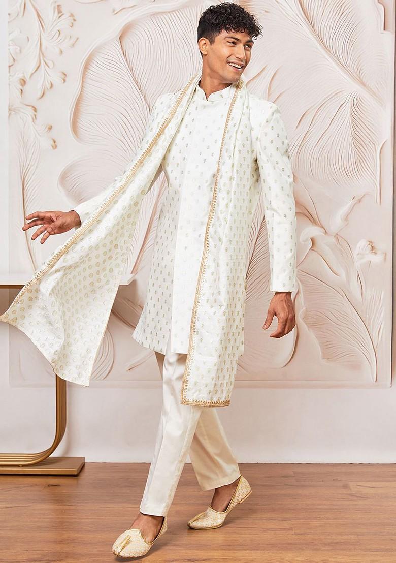 Cream Solid Poly Blend Indowestern Sherwani Set For Men