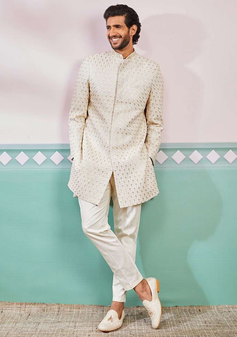 Off White Embroidered Poly Blend Indowestern Sherwani Set For Men - Indya