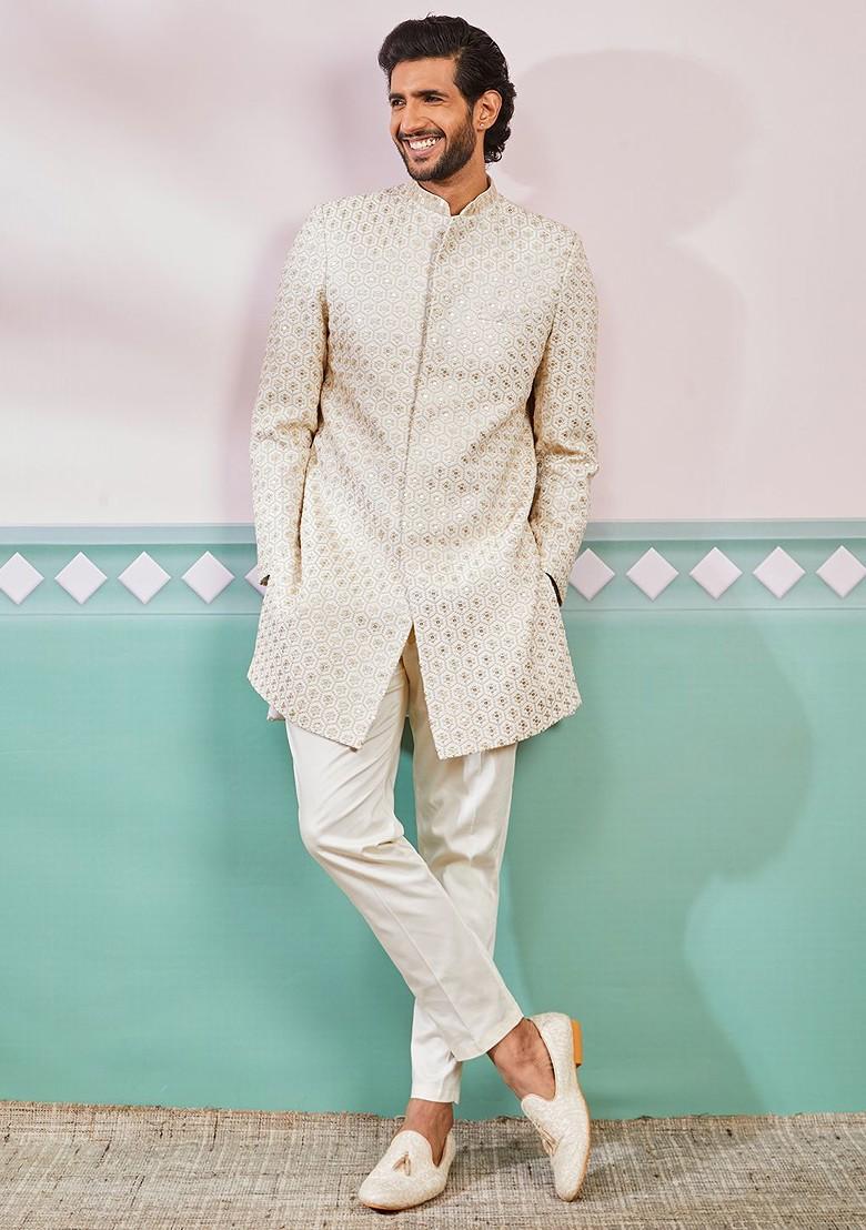 Off White Embroidered Poly Blend Indowestern Sherwani Set For Men