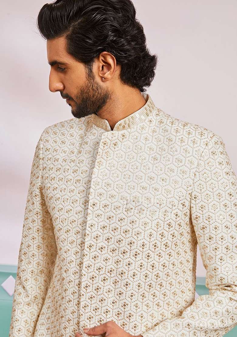 Off White Embroidered Poly Blend Indowestern Sherwani Set For Men - Indya