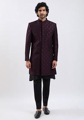 Burgundy Solid Poly Blend Indowestern Sherwani Set For Men