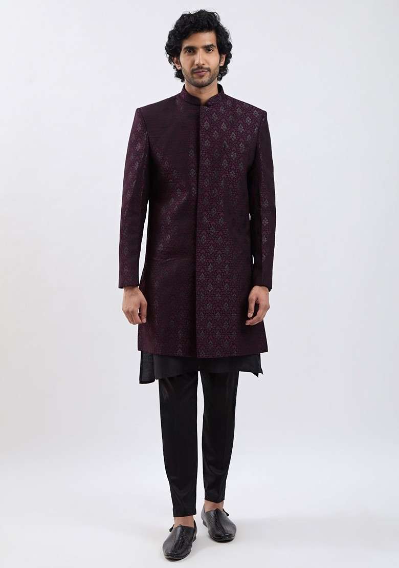 Burgundy Solid Poly Blend Indowestern Sherwani Set For Men - Indya