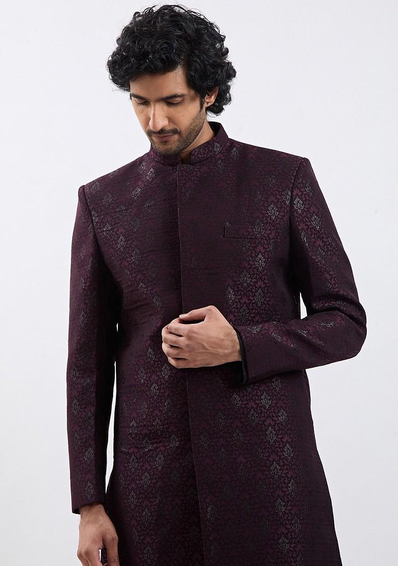 Burgundy Solid Poly Blend Indowestern Sherwani Set For Men