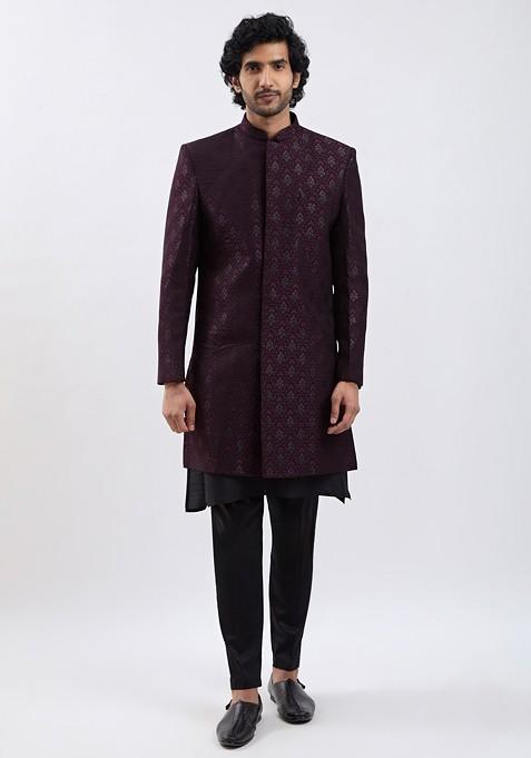 Burgundy Solid Poly Blend Indowestern Sherwani Set For Men — view on Indya