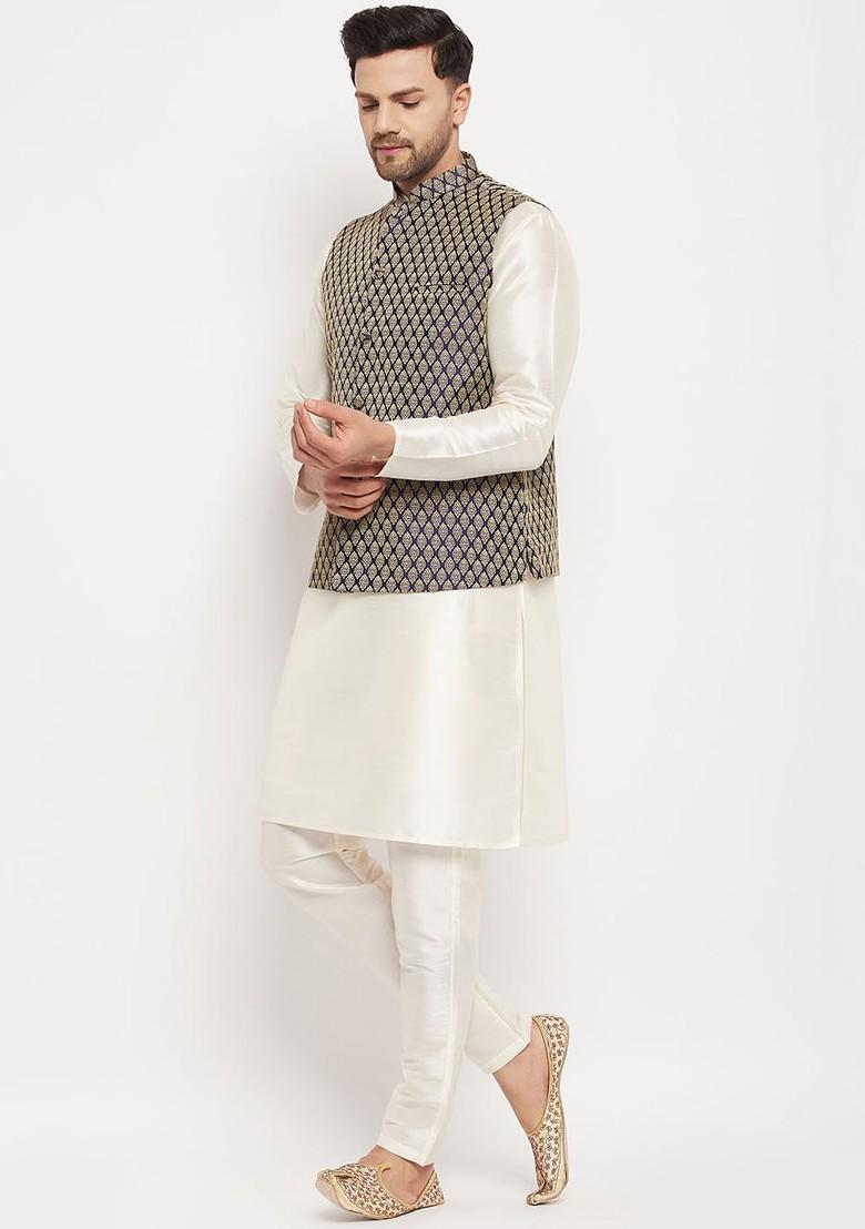 Cream Solid Poly Blend Kurta Set For Men
