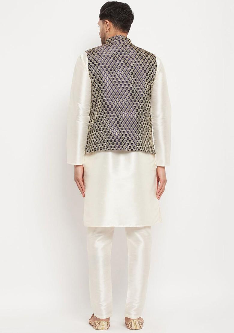 Cream Solid Poly Blend Kurta Set For Men