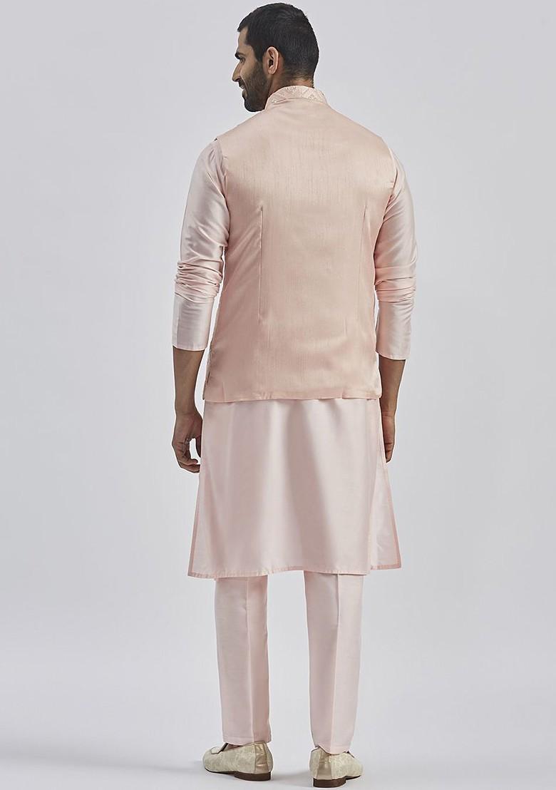 Pink Embroidered Poly Blend Kurta Set For Men