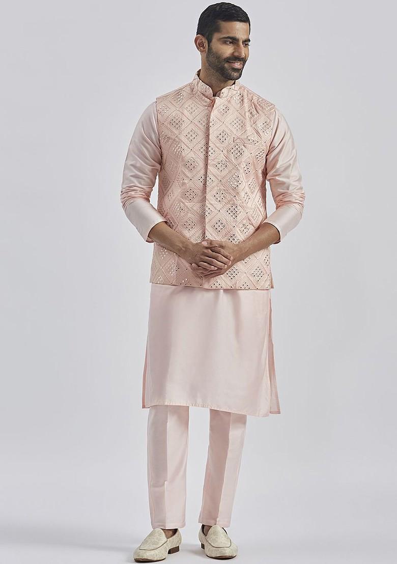 Pink Embroidered Poly Blend Kurta Set For Men