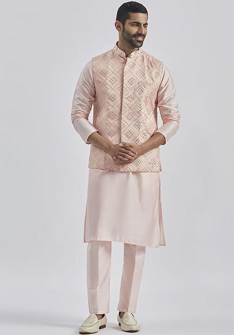 Pink Embroidered Poly Blend Kurta Set For Men