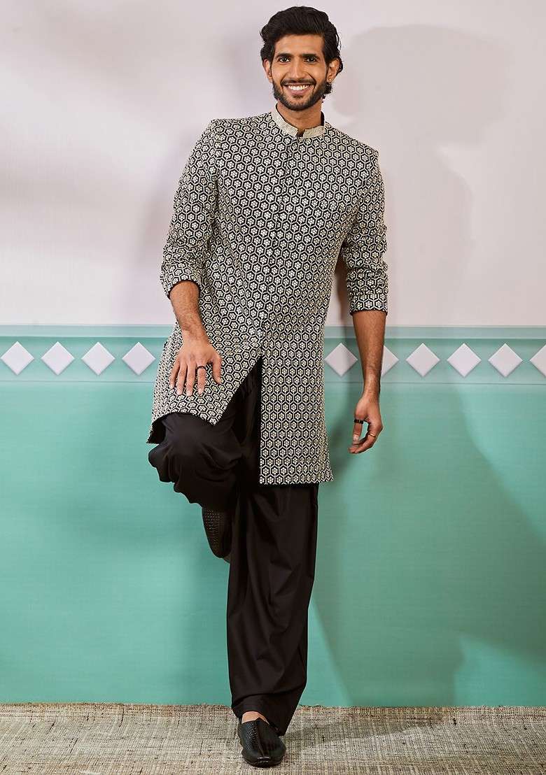 Black Embroidered Poly Blend Indowestern Sherwani Set For Men - Indya