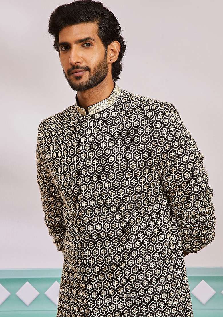 Black Embroidered Poly Blend Indowestern Sherwani Set For Men - Indya