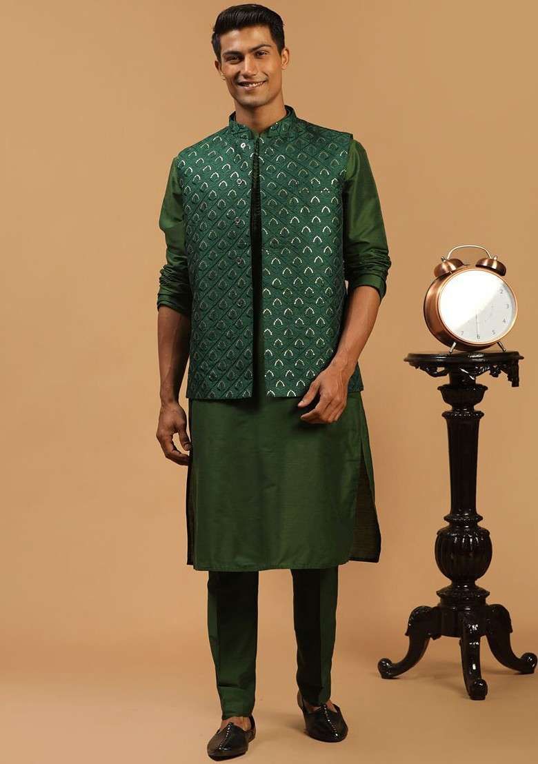 Green Sequin Work Poly Blend Kurta Set For Men - Indya