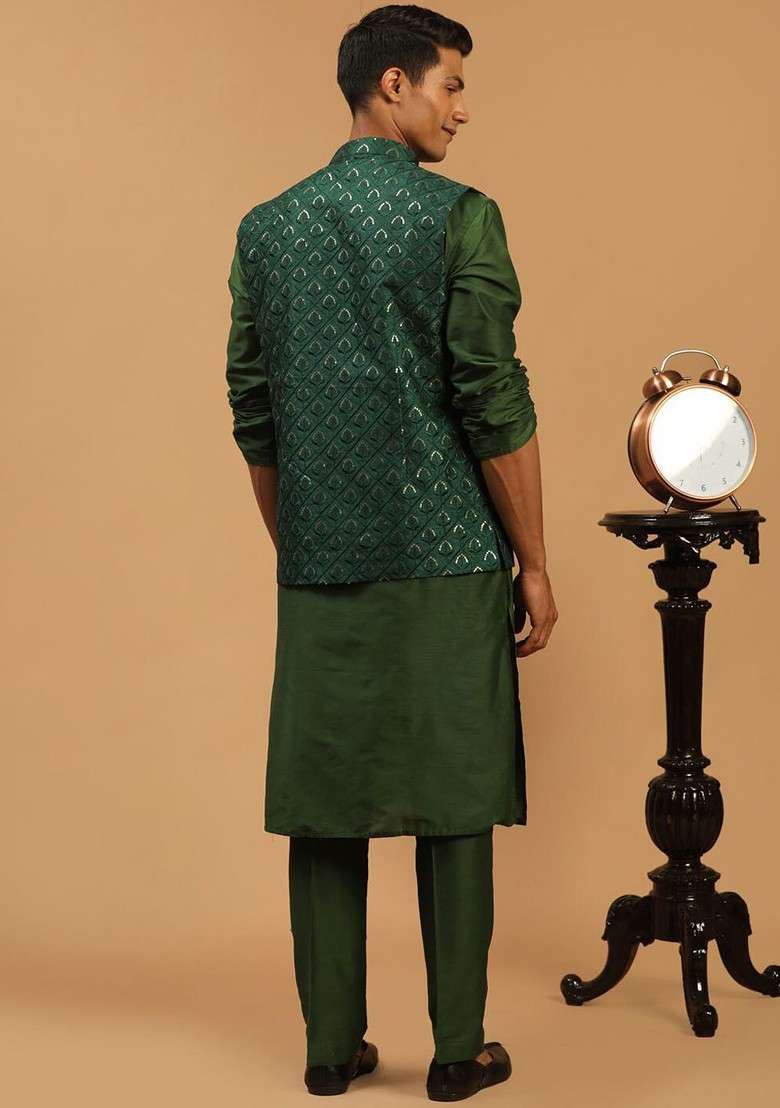 Green Sequin Work Poly Blend Kurta Set For Men - Indya