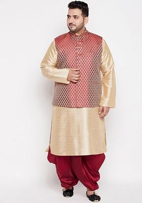 Gold Solid Poly Blend Kurta Set For Men