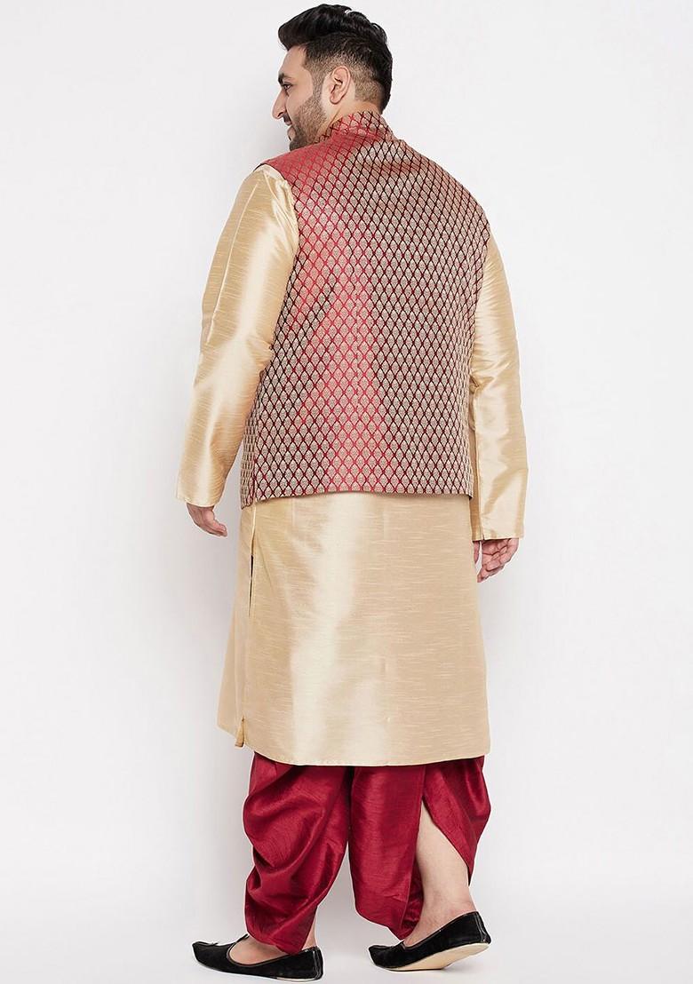 Gold Solid Poly Blend Kurta Set For Men
