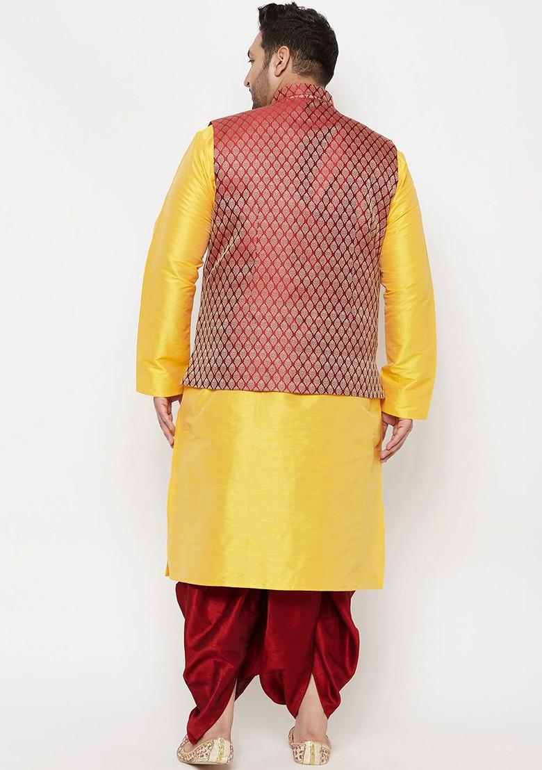 Yellow Solid Poly Blend Kurta Set For Men
