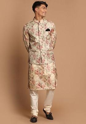 Beige Printed Poly Blend Kurta Set For Men