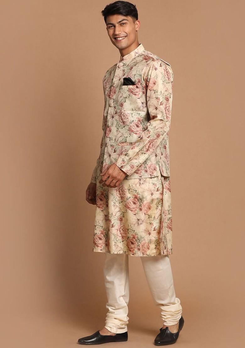 Beige Printed Poly Blend Kurta Set For Men