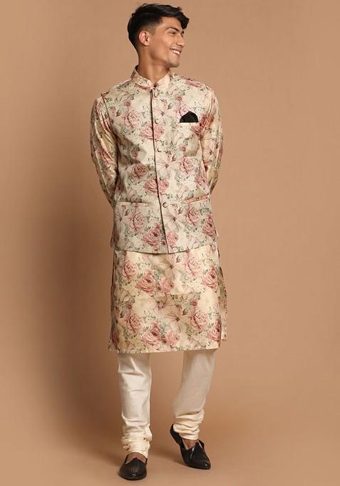 Beige Printed Poly Blend Kurta Set For Men — view on Indya
