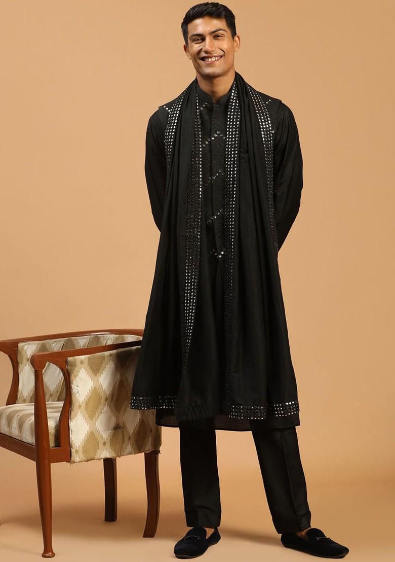 Black Mirror Work Poly Blend Kurta Set For Men