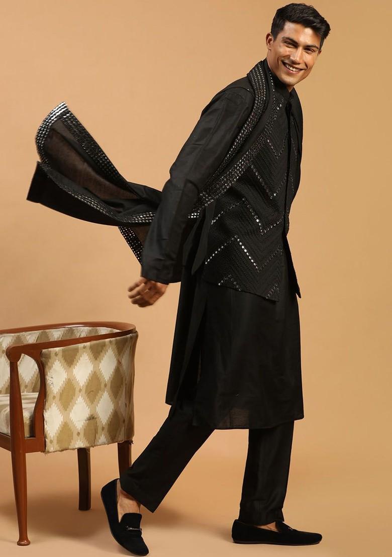 Black Mirror Work Poly Blend Kurta Set For Men