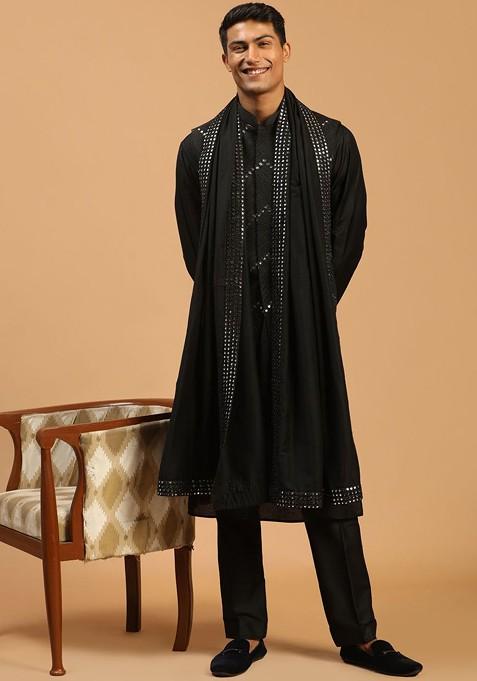 Black Mirror Work Poly Blend Kurta Set For Men