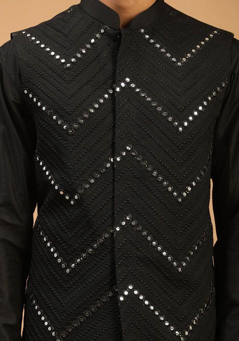 Black Mirror Work Poly Blend Kurta Set For Men