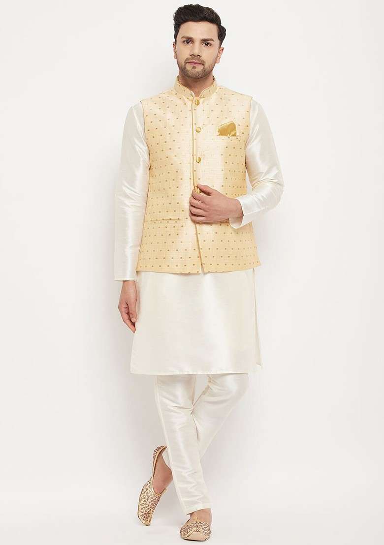 Off White Solid Poly Blend Kurta Set For Men - Indya