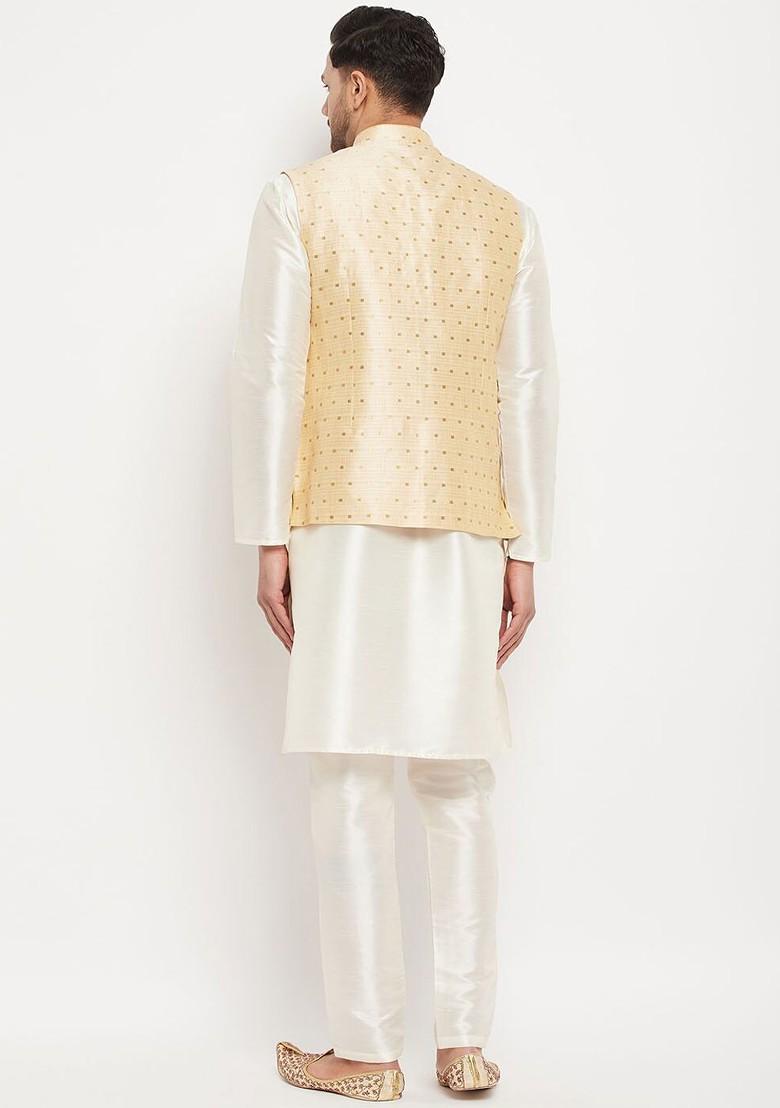 Off White Solid Poly Blend Kurta Set For Men