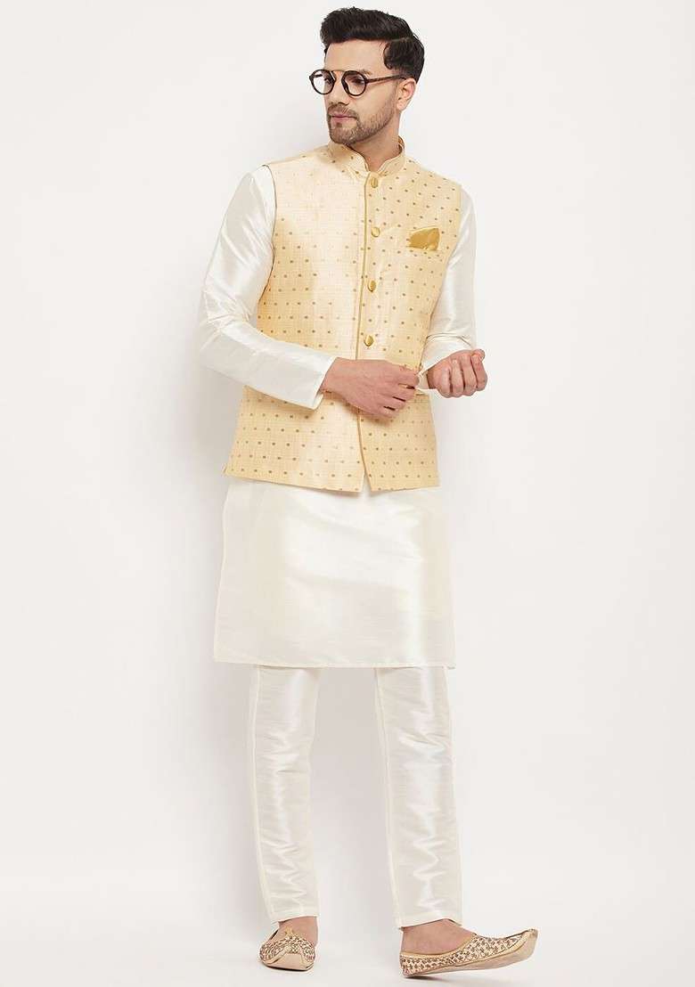 Off White Solid Poly Blend Kurta Set For Men - Indya