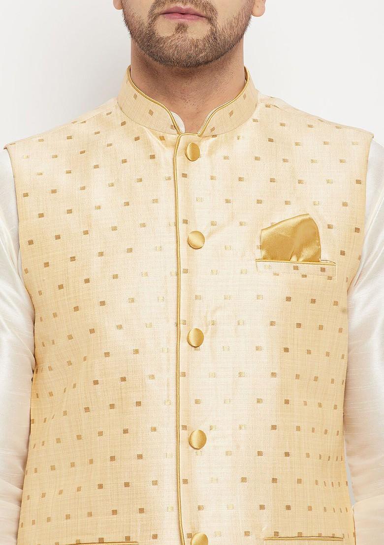 Off White Solid Poly Blend Kurta Set For Men
