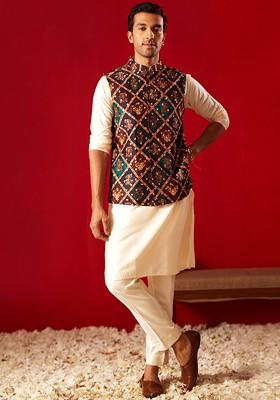 Cream Printed Poly Blend Kurta Set For Men