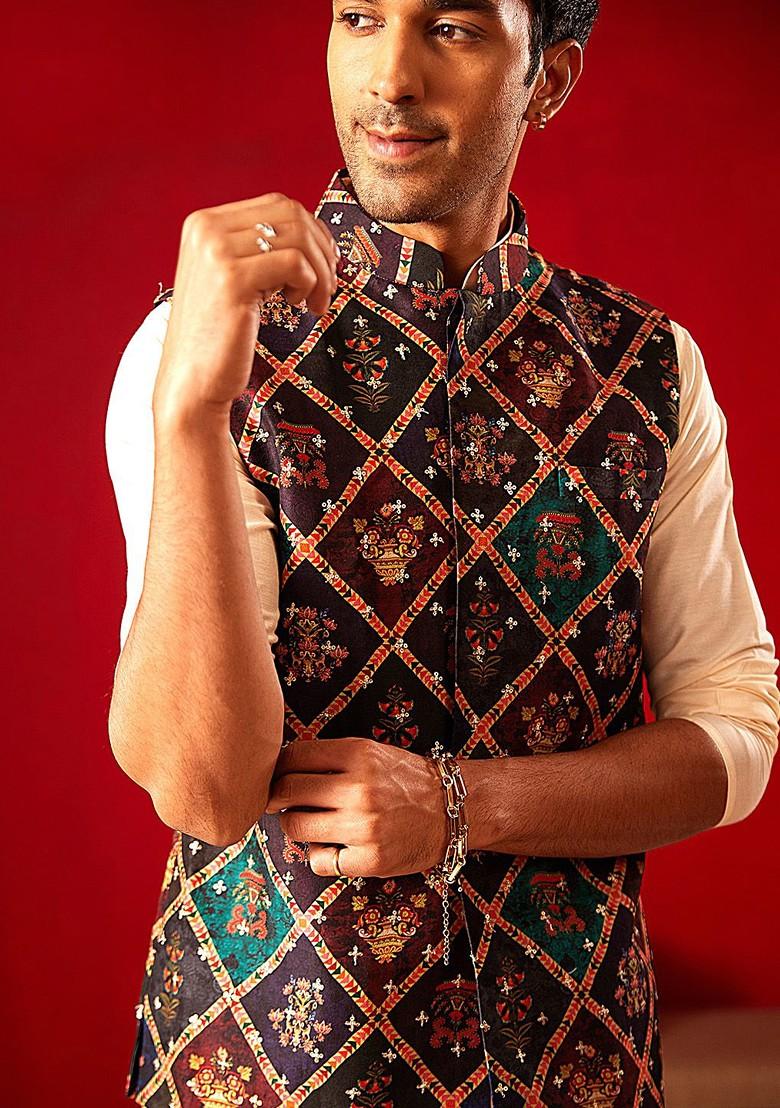 Cream Printed Poly Blend Kurta Set For Men