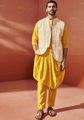 Yellow Solid Poly Blend Kurta Set For Men