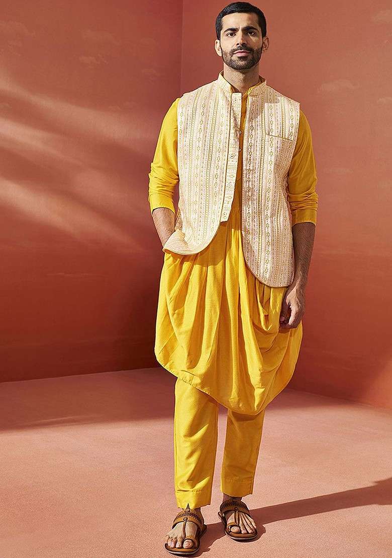 Yellow Solid Poly Blend Kurta Set For Men - Indya