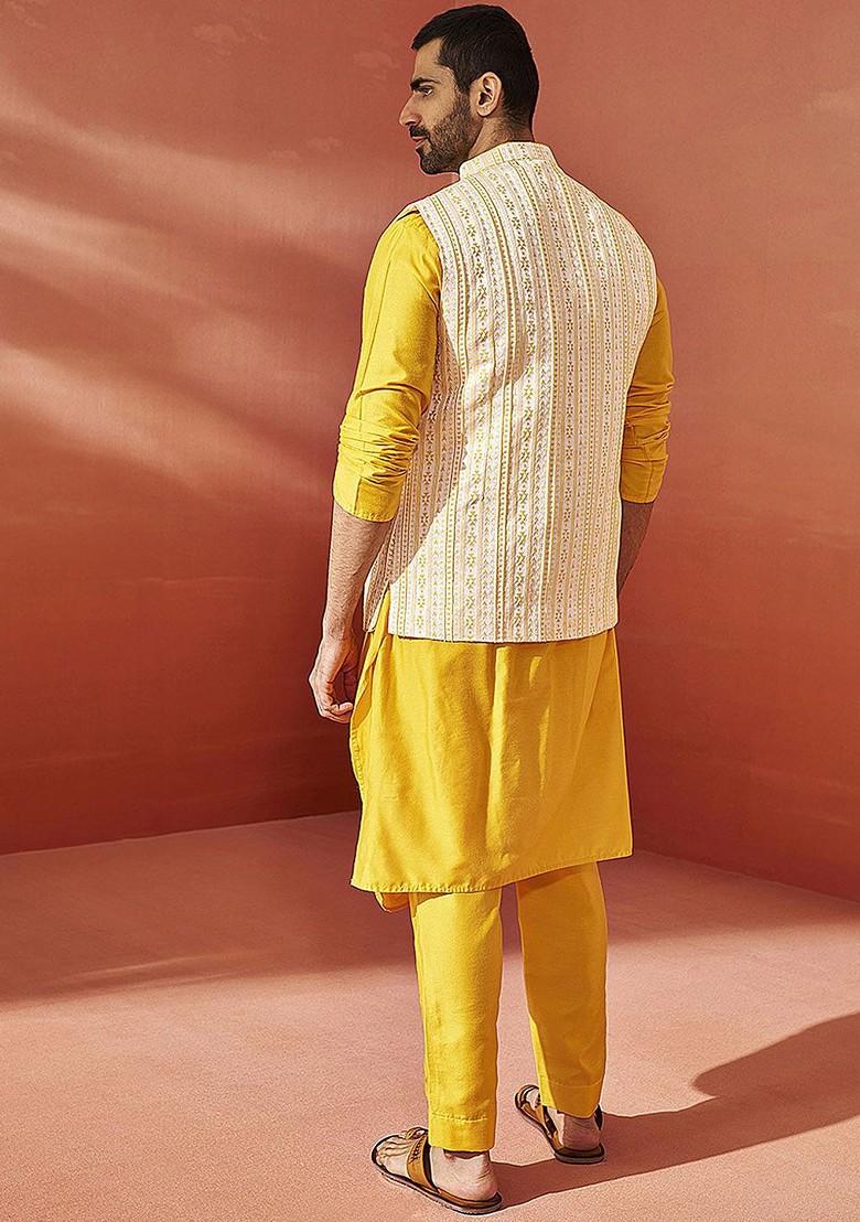Yellow Solid Poly Blend Kurta Set For Men