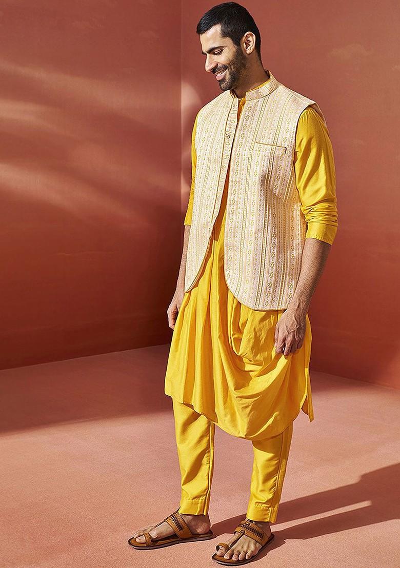 Yellow Solid Poly Blend Kurta Set For Men