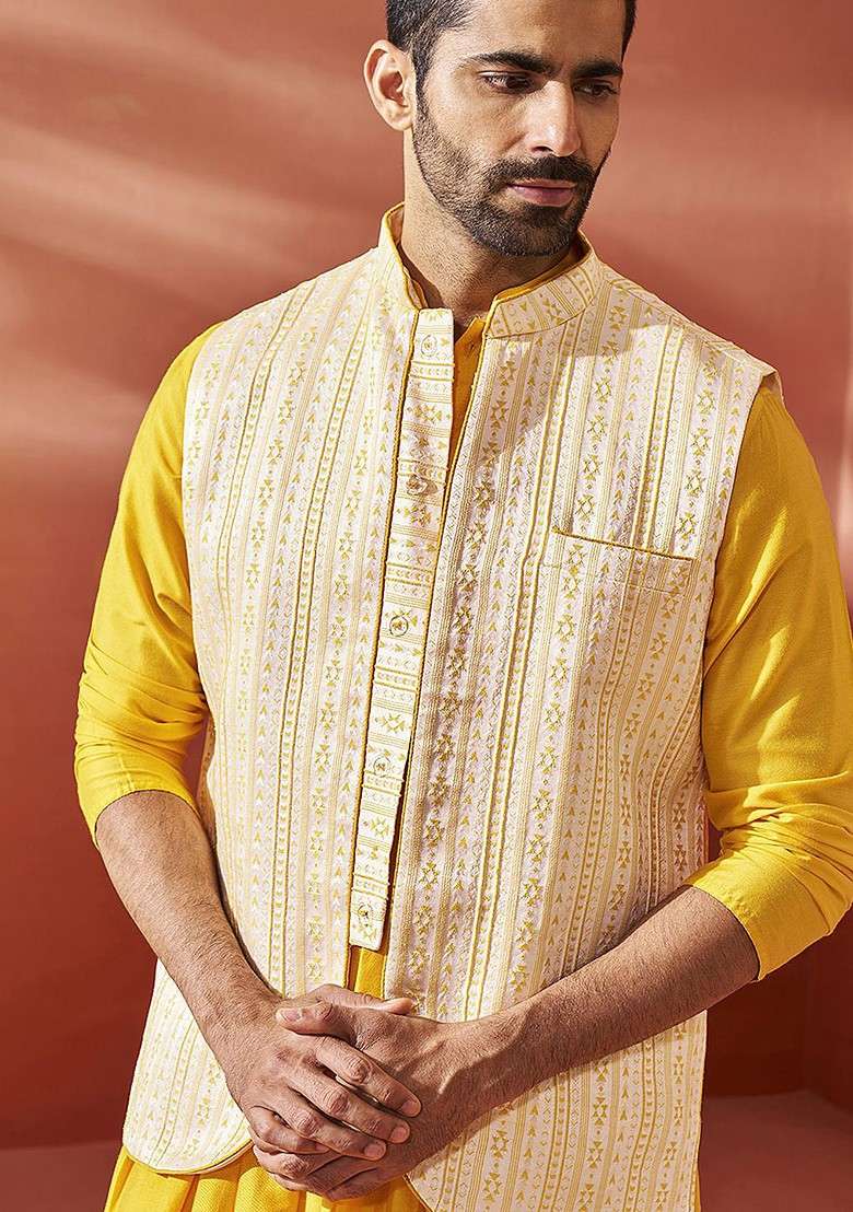 Yellow Solid Poly Blend Kurta Set For Men - Indya