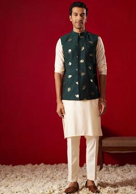 Cream Embellished Poly Blend Kurta Set For Men