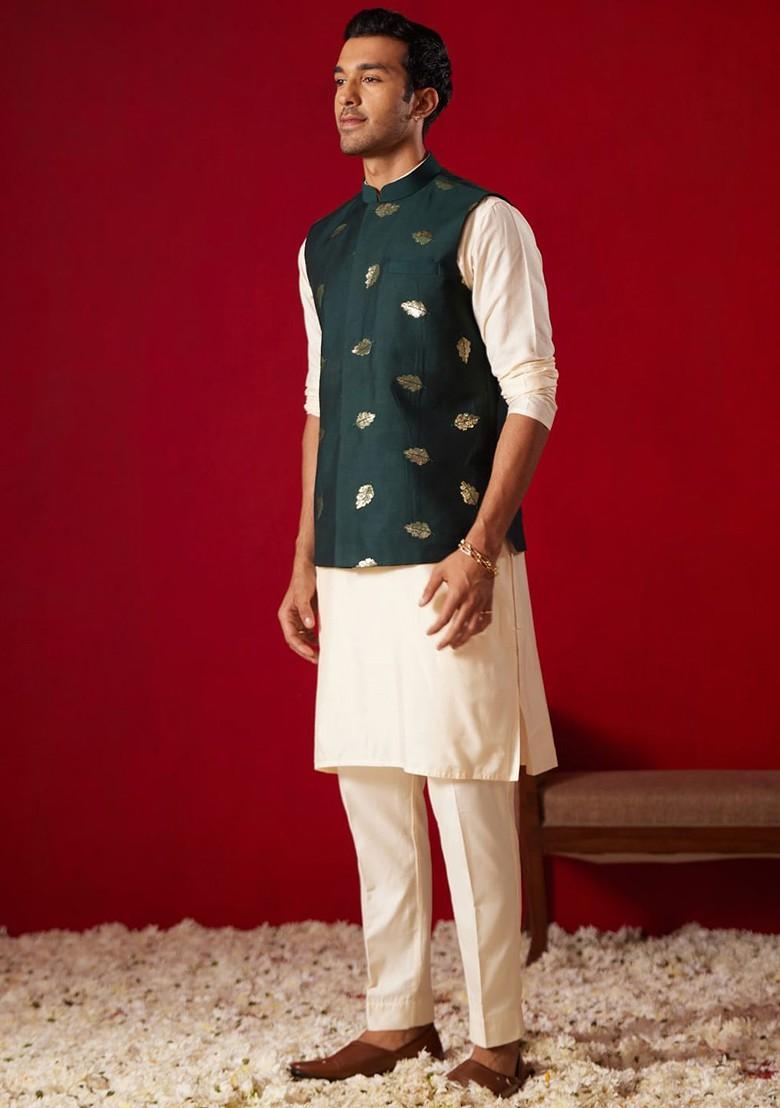 Cream Embellished Poly Blend Kurta Set For Men