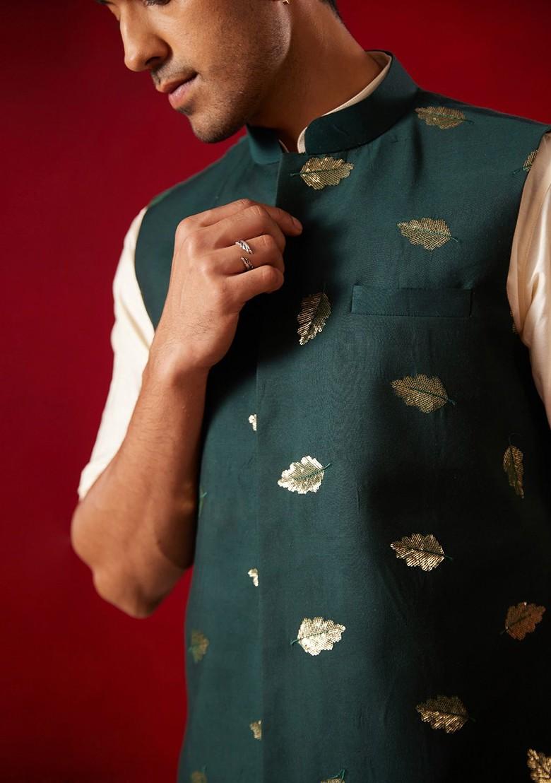 Cream Embellished Poly Blend Kurta Set For Men