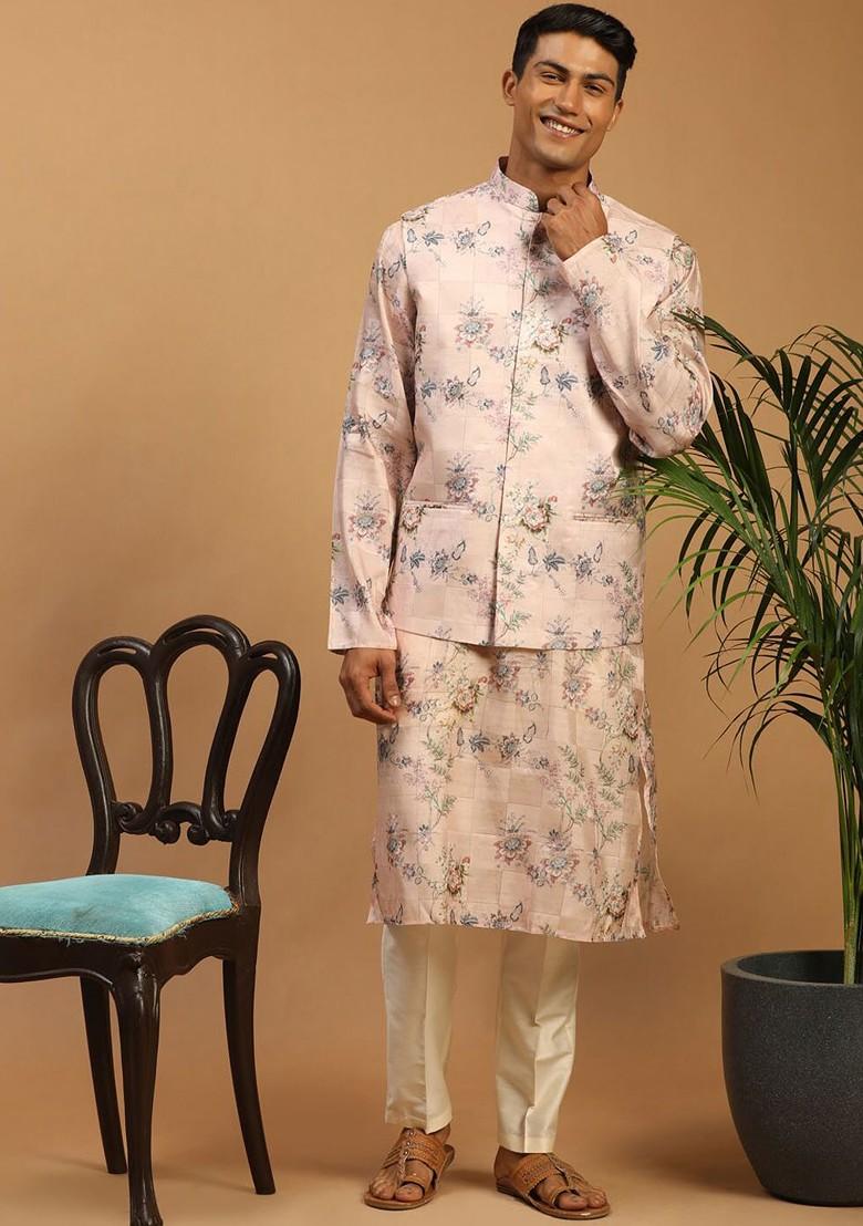 Peach Floral Print Poly Blend Kurta Set For Men