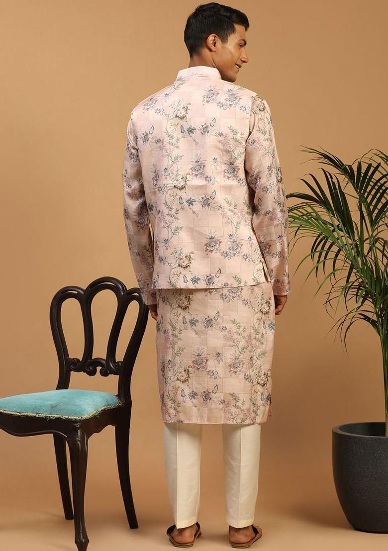 Peach Floral Print Poly Blend Kurta Set For Men